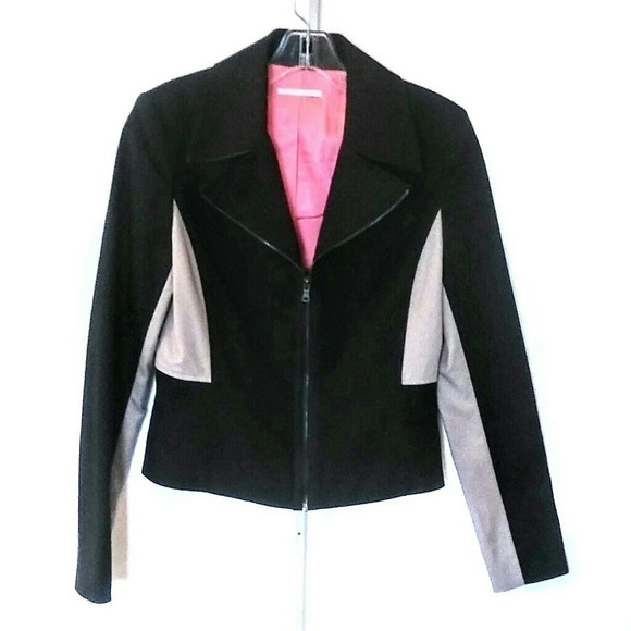 Tahari Y2K Black Tan Cropped Blazer Jacket Colorblock Zipper Business Casual - Picture 1 of 7